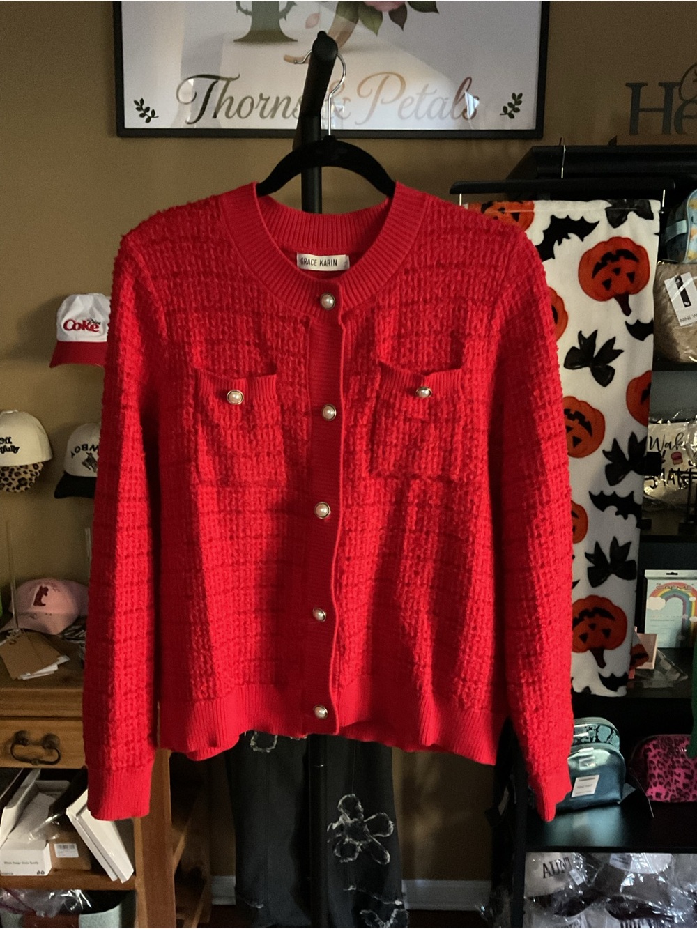 Grace Karin Vibrant Red Pearl-Button Knit Cardigan